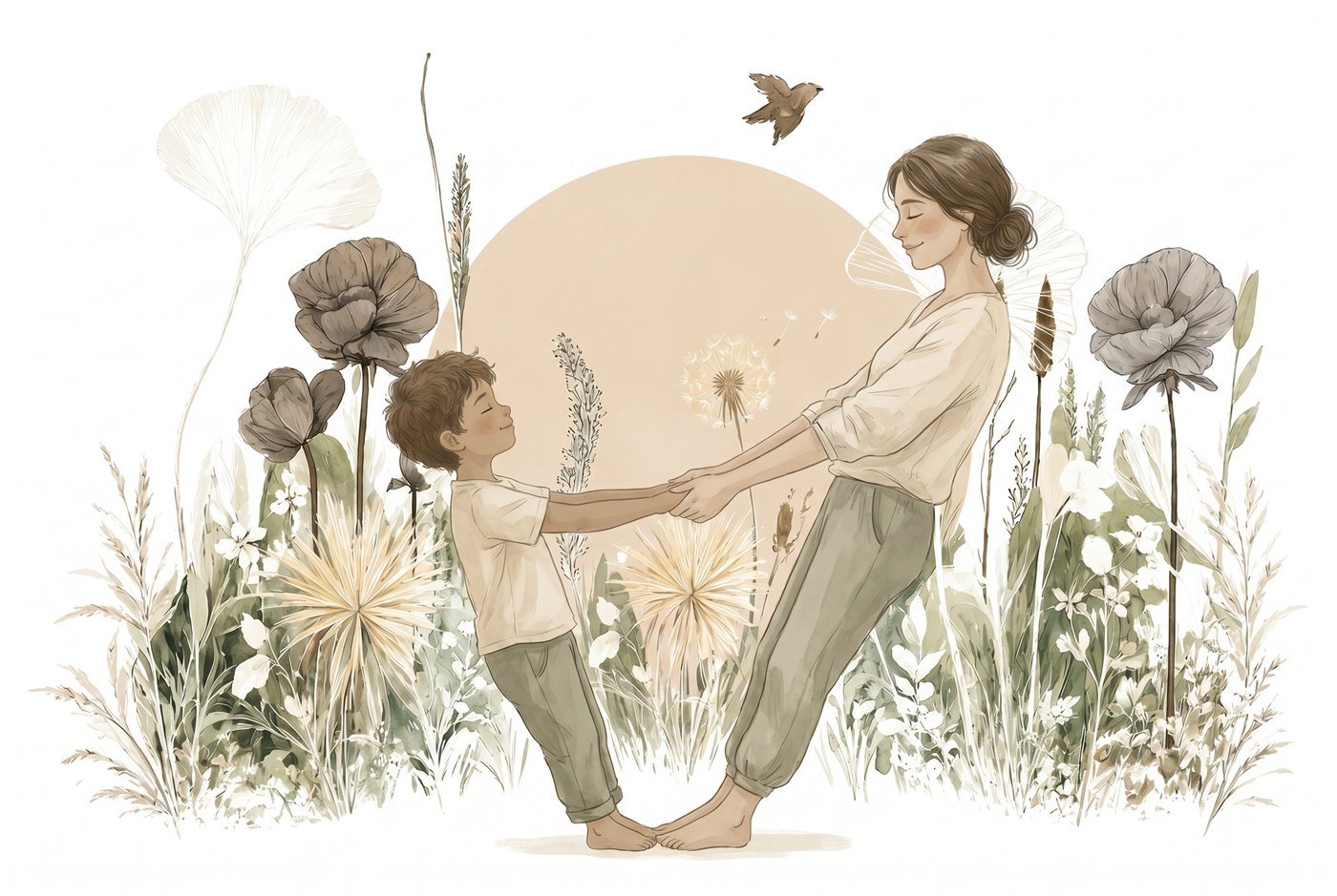 Madre e hijo haciendo yoga en pareja en una sesión de yoga en familia, ilustración en acuarela