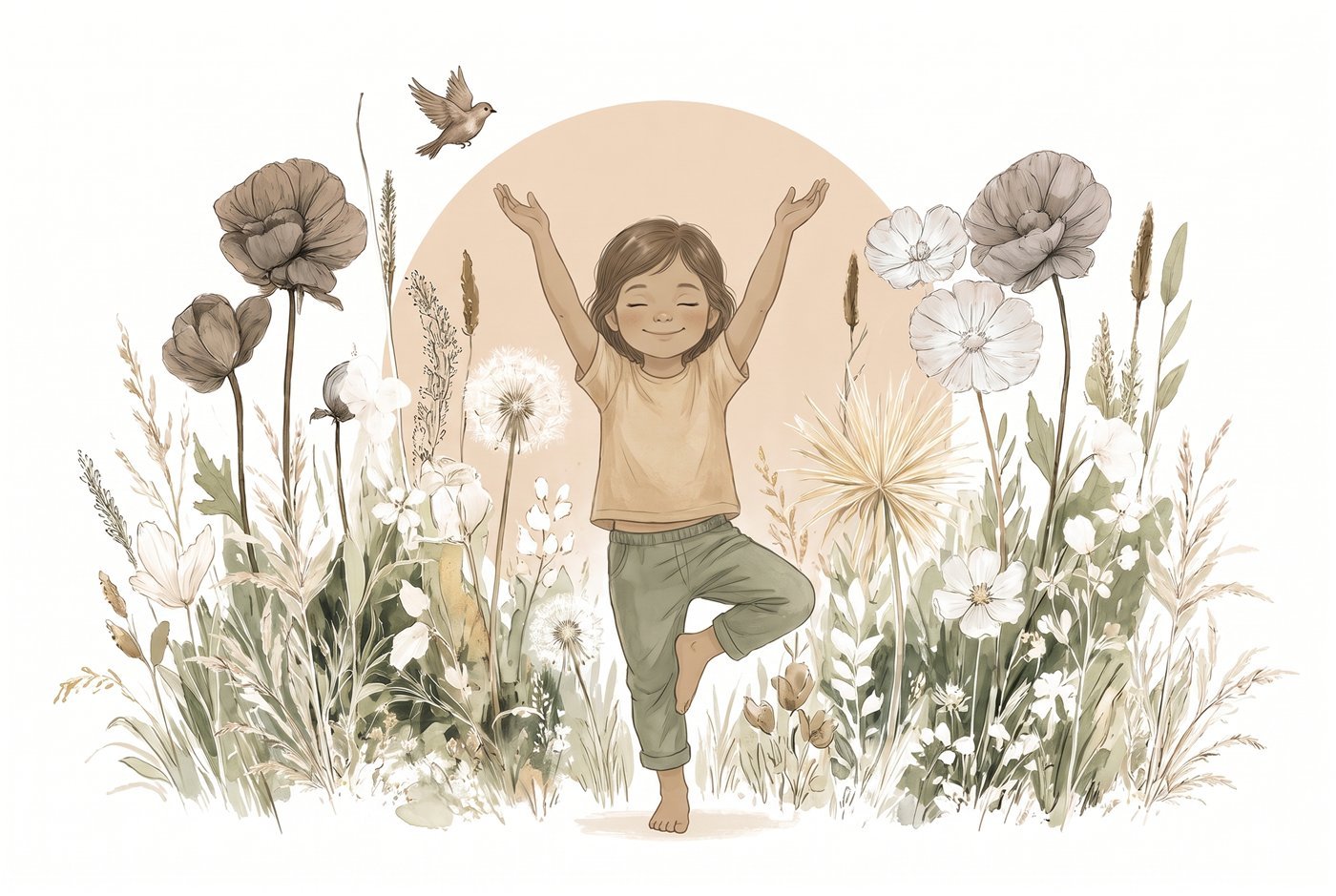 Niña de cuatro años en la postura del árbol en una clase de yoga infantil de Mini yoguis, ilustración en acuarela