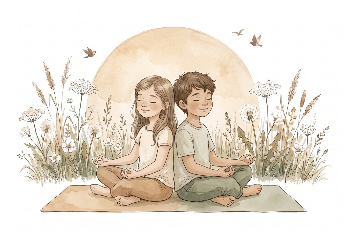 Dos niños meditando espalda con espalda en la clase de yoga y mindfulness para niños de 7 a 14 años, ilustración en acuarela