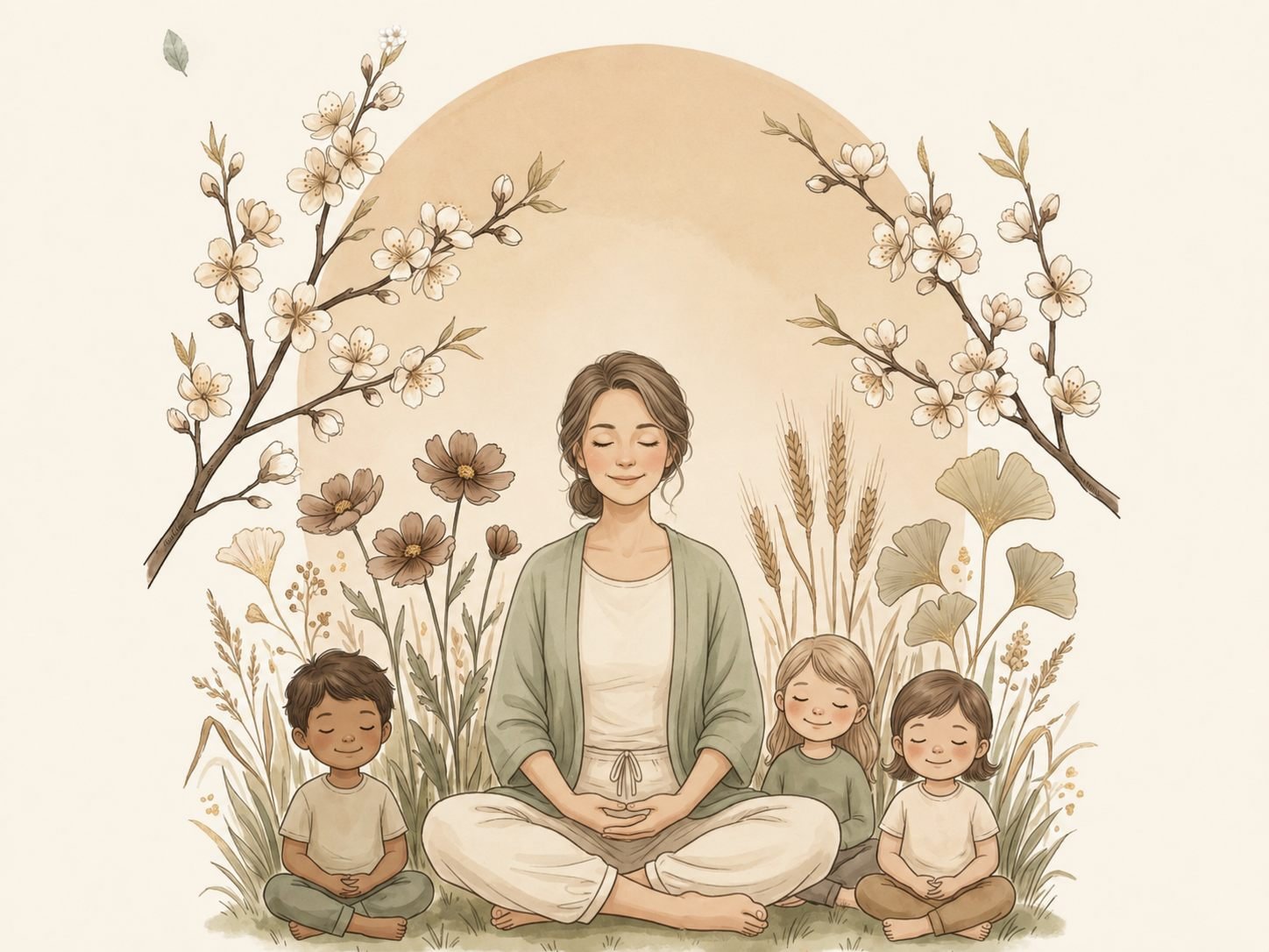 Providencia, profesora de yoga y mindfulness para niños en Totana, meditando en postura de loto con tres niños entre almendros en flor